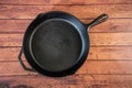 Cast iron skillet on wooden surface - top view with copy space