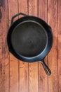 Cast iron skillet on wooden surface - top view with copy space