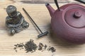 Cast iron teapot and black tea. Top view. Buda.