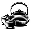 Cast iron teapot for the Chinese tea ceremony with two bowls. Editable template for design. Monochrome stylish elements Royalty Free Stock Photo