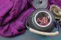 A cast iron teapot kettle with a cup of Rose tea and some rose petals Royalty Free Stock Photo