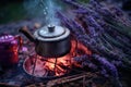 cast iron teapot with lavender buds on campfire grill