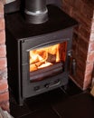 Cast iron wood burner in old brick fireplace burning chopped wood Royalty Free Stock Photo