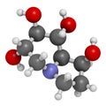 Castanospermine alkaloid molecule. Isolated from Castanospermum australe. 3D rendering. Atoms are represented as spheres with