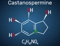 Castanospermine indolizidine alkaloid molecule. Structural chemical formula on the dark blue background