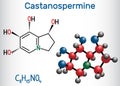 Castanospermine indolizidine alkaloid molecule. Structural chemical formula and molecule model