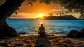 a castaway on a deserted, uninhabited island at sunset, made with Generative AI Royalty Free Stock Photo