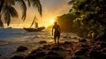 a castaway on a tropical deserted, uninhabited island see the ship made with Generative AI Royalty Free Stock Photo