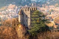 Castel Fontana in Tirol near Merano in Trentino Alto Adige - Italy with city background . beautiful warm colors scenery