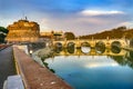 Castel Ponte Saint Angelo Tiber River Reflection Evening Rome Italy