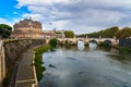 Castel Sant `Angelo or castle of Holy Angel and Ponte Sant `Angelo or Aelian Bridge in Rome. Italy Royalty Free Stock Photo