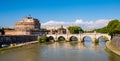 Castel Sant`Angelo mausoleum - Castle of the Holy Angel and Ponte Sant`Angelo bridge over Tiber river in Rome in Italy