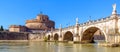 Castel Sant`Angelo with old bridge, Rome, Italy. It is famous landmark of Rome. Panoramic view of medieval Castle Sant`Angelo at Royalty Free Stock Photo