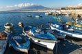 Castellammare di Stabia, Naples, Italy - fishermen boats, blue sea and Vesuvius volcano Royalty Free Stock Photo