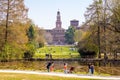 The Castello Sforzesco Sforza Castle and Parco Sempione Simplon park in Milan, Italy Royalty Free Stock Photo