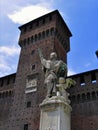 Castello Sforzesco, Sforza Castle Tower and Statue in Milan, Italy