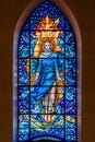 Saint Mary on stained glass window inside the cathedral of Castellon de la Plana, Spain