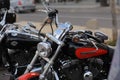 Castellon, Spain-May 21, 2022: close up of red Retro Harley Davidson motorcycles parked on the motorcycles parking lot Royalty Free Stock Photo