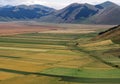 Castelluccio di Norcia, in Umbria, Italy. Fields and hills, sunny day. Colourful landscape. Royalty Free Stock Photo