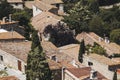 Castelnou, June 26, 2023, France - View of the roofs of the Mediterranean hilltop village of Castelnou in France