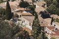 Castelnou, June 26, 2023, France - View of the roofs of the Mediterranean hilltop village of Castelnou in France