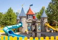 Castelnuovo del Garda, Italy - August 13 2019: Themed water castle for children s games, ride from the water slide. Park