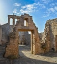 View at the exterior fortress and religious church ruins, medieval village inside fortress castle of Castelo Mendo