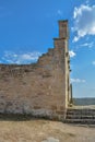 View at the exterior fortress and religious church ruins, medieval village inside fortress castle of Castelo Mendo