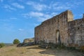 View at the exterior fortress and religious church ruins, medieval village inside fortress castle of Castelo Mendo