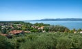 Castiglione del lago, Umbria, Italy. August 2020. Amazing landscape of the Trasimeno lakefront. From the top of the hill of the Royalty Free Stock Photo