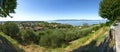 Castiglione del lago, Umbria, Italy. August 2020. Amazing landscape of the Trasimeno lakefront. From the top of the hill of the Royalty Free Stock Photo