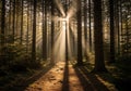 Casting long, dramatic shadows on the forest floor covered in Royalty Free Stock Photo