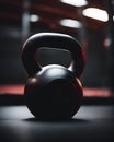 A castiron kettlebell in the foreground contrasts with the blur of an energetic gym
