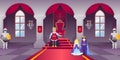Castle ballroom. Interior of medieval palace hall. Royal room with monarch throne. King and queen. Emperor family