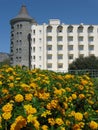 Castle and beautiful flowers in Sarigerme, near Dalaman in Turkey Royalty Free Stock Photo