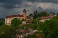 Castle on big hill in Vimperk town in spring sunny and cloudy day Royalty Free Stock Photo