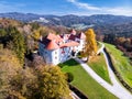 Medieval castle BogenÃÂ¡perk in Slovenia sits atop a hill, surrounded by a small park and trees