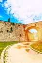 Fortress wall castle tower on Cidneo Hill in Brescia, Italy