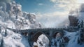 Castle bridge in mountains in winter, landscape with old building in forest, generative AI Royalty Free Stock Photo