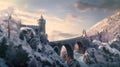 Castle and bridge in mountains in winter, snowy citadel and road, generative AI Royalty Free Stock Photo