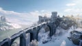 Castle and bridge in mountains in winter, snowy citadel and road, generative AI Royalty Free Stock Photo