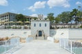 Castle, building near the sea, bridge and fence, restaurant on top, leisure concept, summer nature Royalty Free Stock Photo