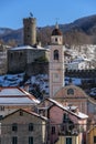 Castle and Campanile of Campo Ligure under the snow