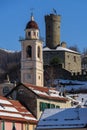 Castle and Campanile of Campo Ligure under the snow