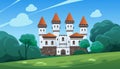 Castle. Cartoon landscape with medieval stronghold and forest. Scenic view of fortified building. European architecture. Fairy