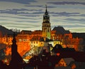 Castle in the Cesky Krumlov (Czech Republic) at night - cartoon illustration