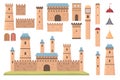 Castle constructor. Medieval architecture elements, towers with flags, walls and doors. Old historical bastion building