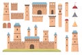 Castle constructor. Medieval architecture elements, towers with flags, walls and doors. Old historical bastion building, fortress