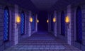 Castle corridor. Medieval castles game dungeon, stone bricks wall burning fire torch inside prison cave old temple scary