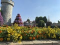 Castle covered by plants and flowers, amazing colorful park, Miracle garden in Dubai
